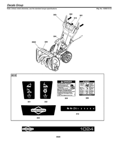 Decals Diagram and Parts List for 1696610-03  Briggs and Stratton Snow Blower